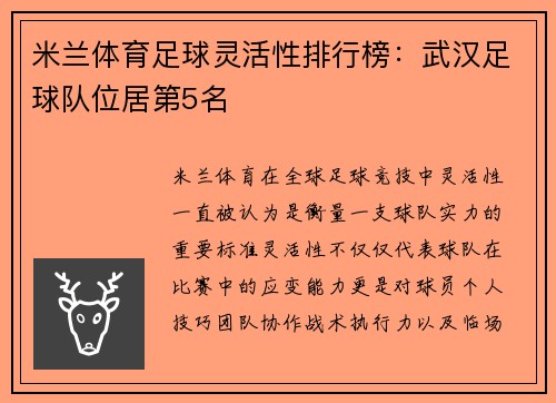 米兰体育足球灵活性排行榜：武汉足球队位居第5名
