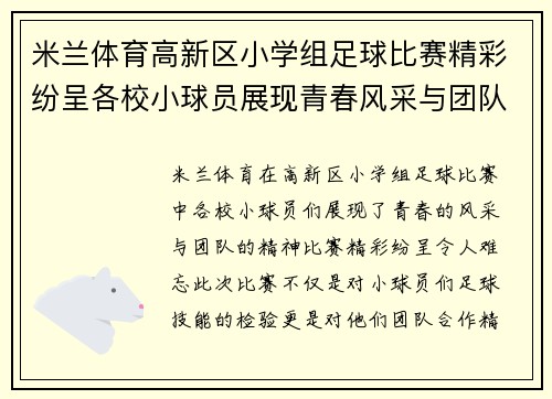 米兰体育高新区小学组足球比赛精彩纷呈各校小球员展现青春风采与团队精神