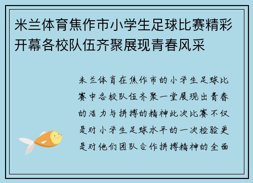 米兰体育焦作市小学生足球比赛精彩开幕各校队伍齐聚展现青春风采