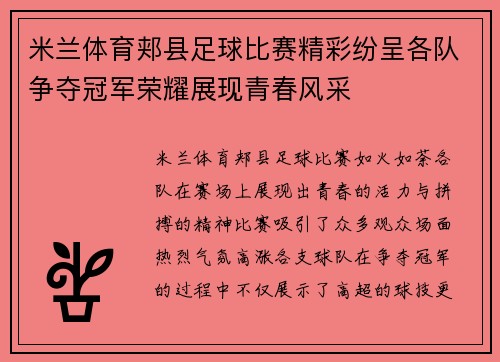 米兰体育郏县足球比赛精彩纷呈各队争夺冠军荣耀展现青春风采